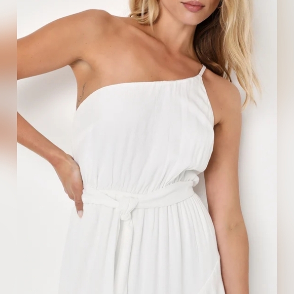 Lulus Slice Of Sunshine White One-Shoulder Asymmetrical Tiered Midi Dress, SMALL - Picture 4 of 11